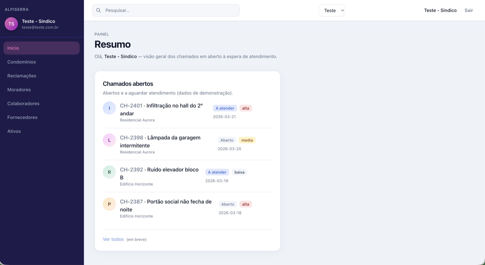 Dashboard Alpiserra — gestão de chamados condominiais